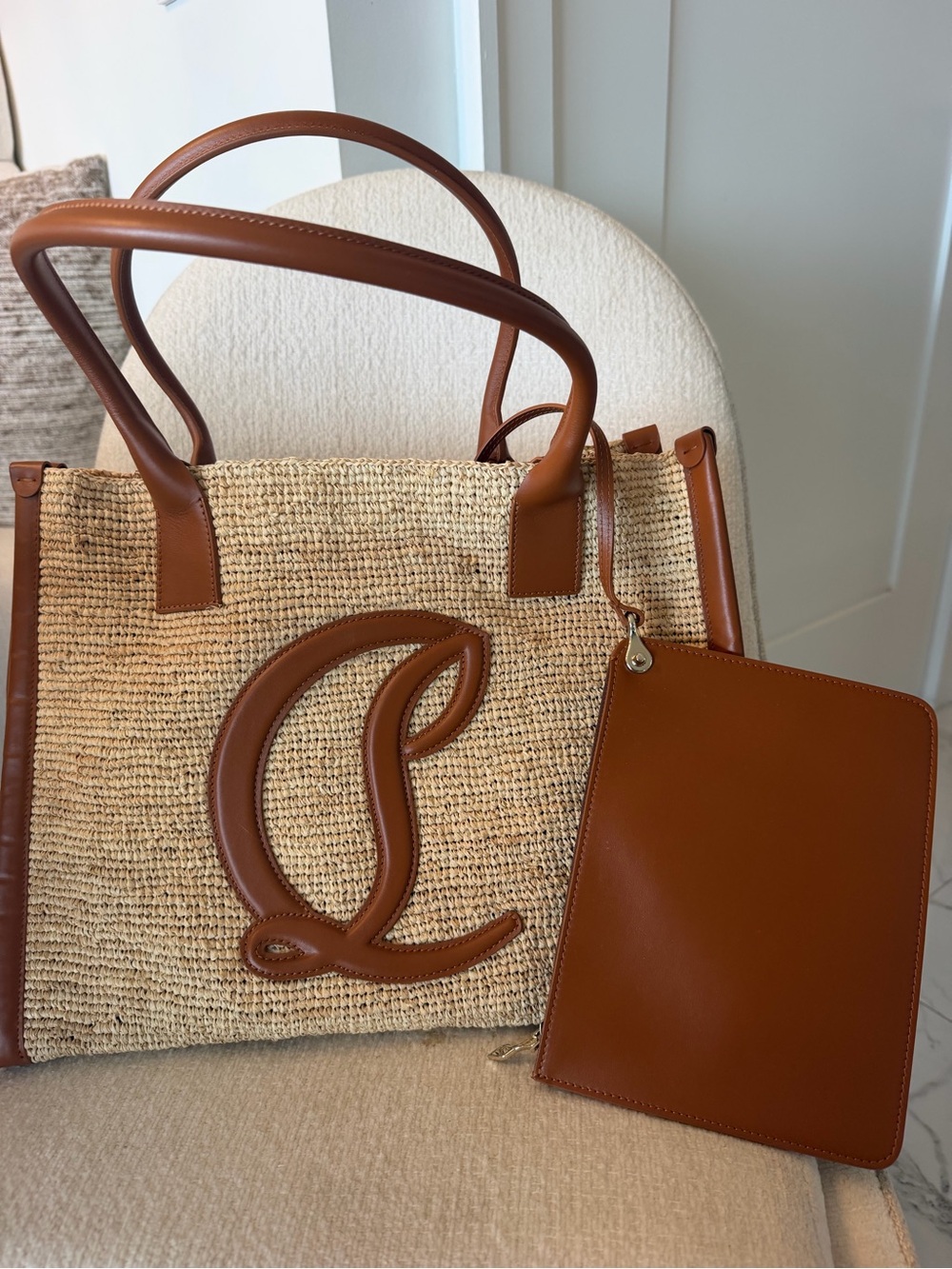 CHRISTIAN LOUBOUTIN Straw Tote with Tan Leather Trim and Pouch attachment